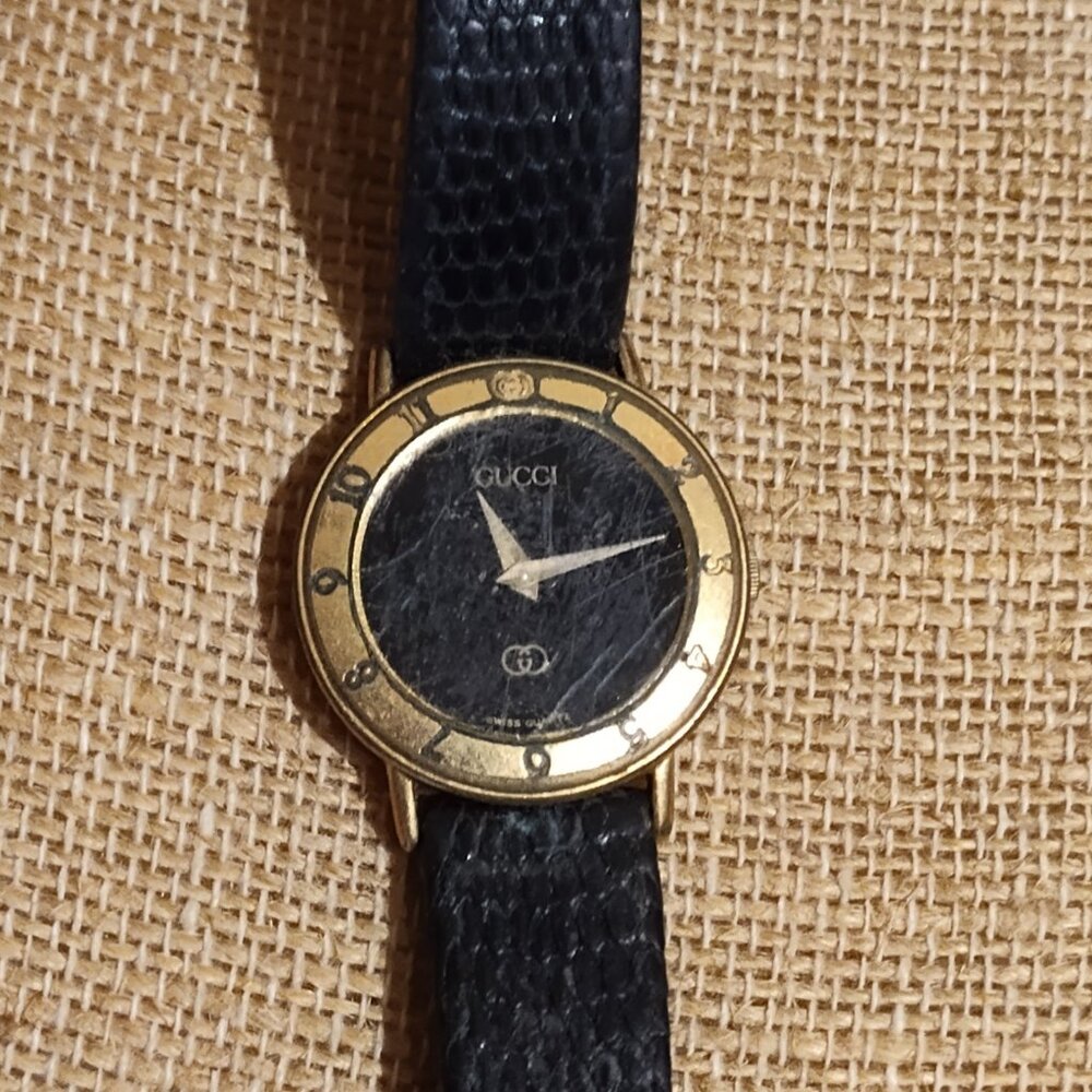 Vintage Gucci 3001L Gold Dial Quartz Women's Watch Swiss Made Lizard band
